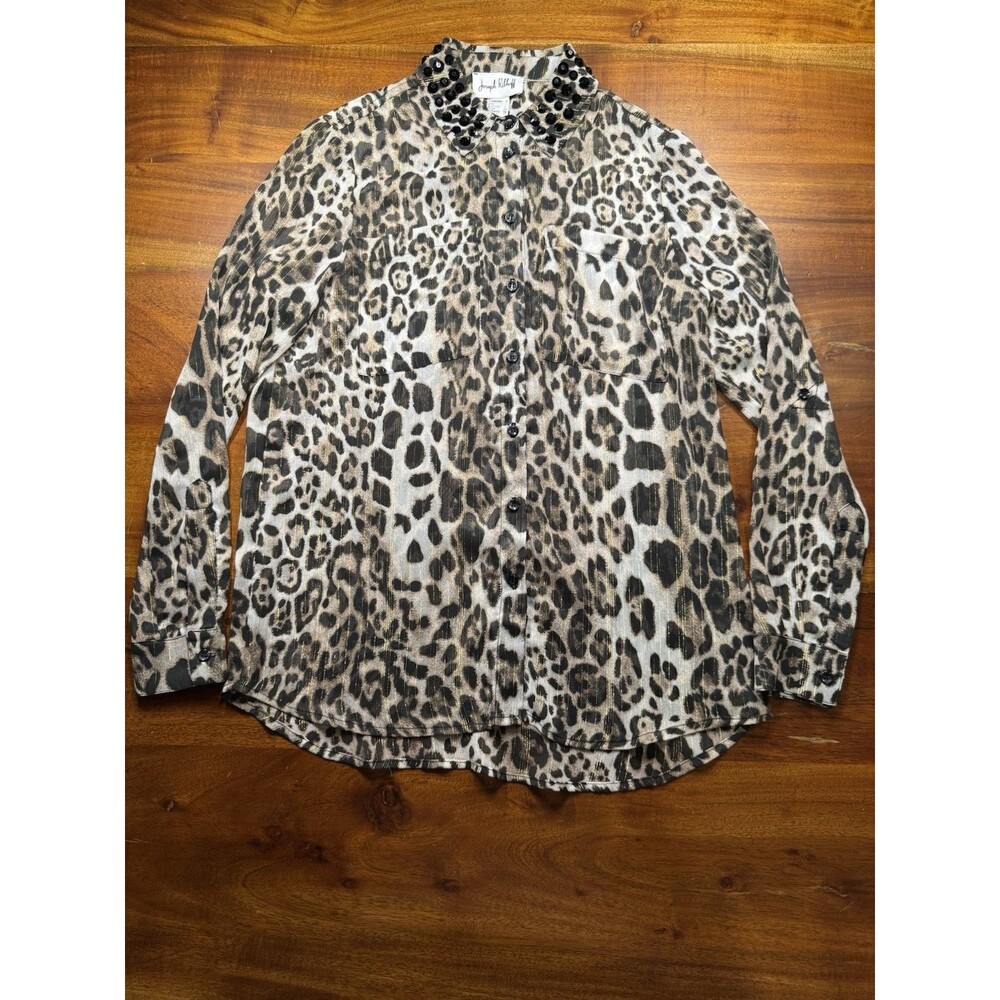 Joseph Ribkoff Leopard Print Blouse Sz 6 Sheer Gold Pinstripe Embellished Collar